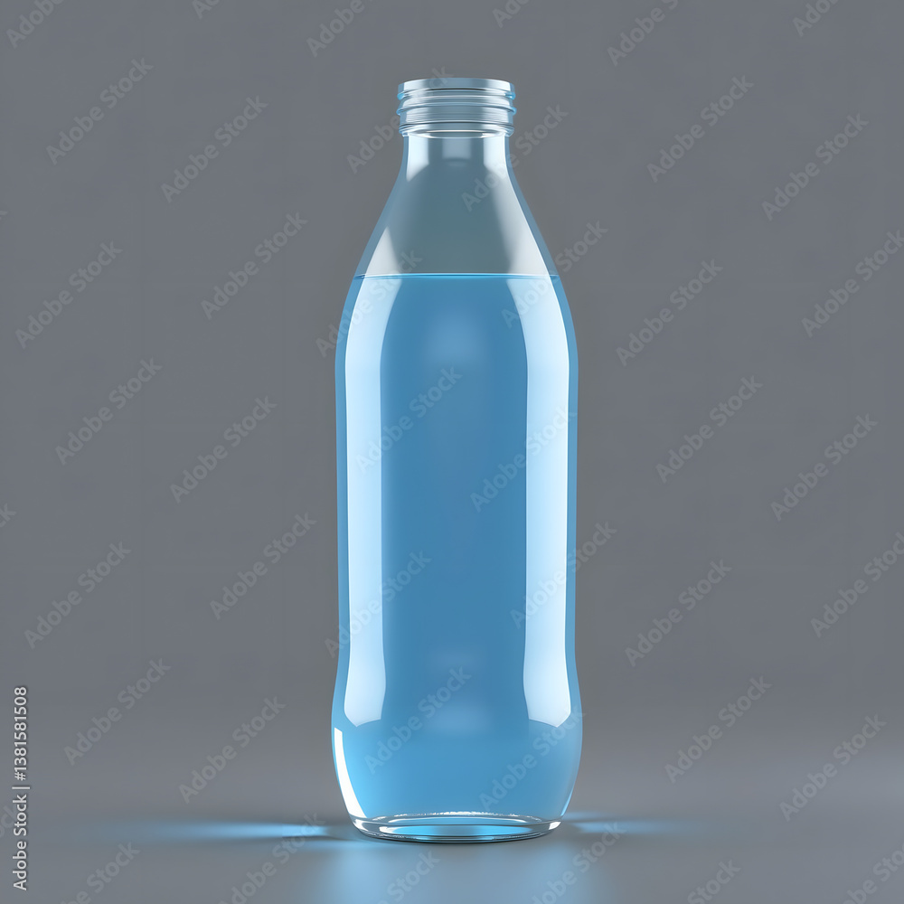 A sleek glass bottle filled with light blue liquid is centered against a grey background, offering a minimalist and refreshing aesthetic. A sleek glass bottle filled with light blue liquid is centered against a grey background, offering a minimalist and refreshing aesthetic.