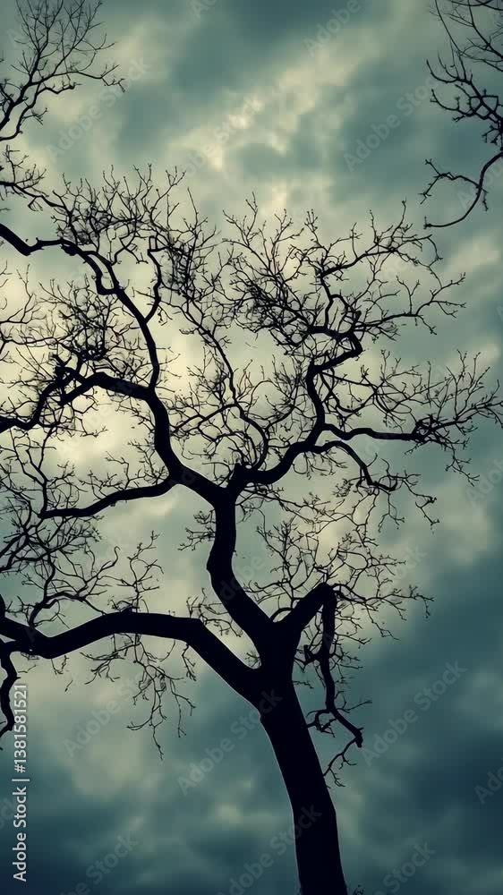 Branches of a leafless tree silhouetted against a moody sky during late afternoon hours in a tranquil setting Branches of a leafless tree silhouetted against a moody sky during late afternoon hours in a tranquil setting