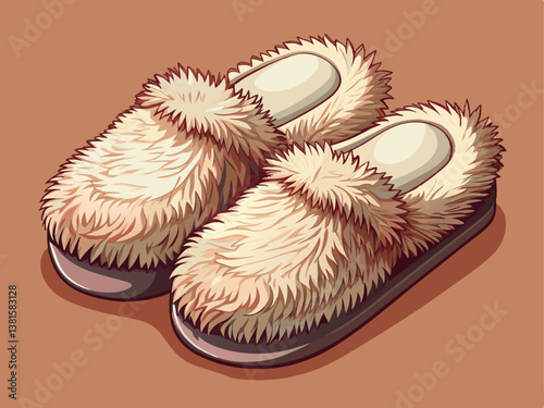 A detailed vector of a pair of fluffy bedroom slippers in warm beige, set against a soft muted peach background.