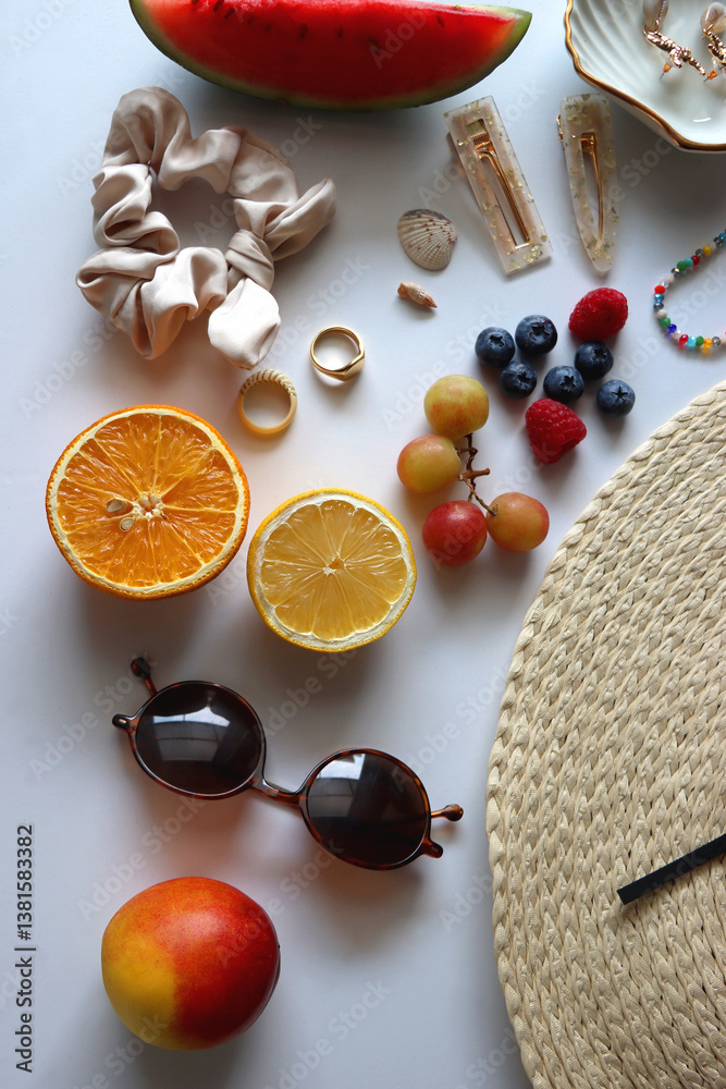 Straw hat, sunglasses, seasonal fruit, seashells and colorful accessories on white backgrounds. Cute summer essentials. Flat lay.