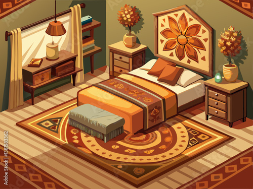 A beautifully crafted bedside rug in warm earth tones with soft textures, placed on a muted brown background