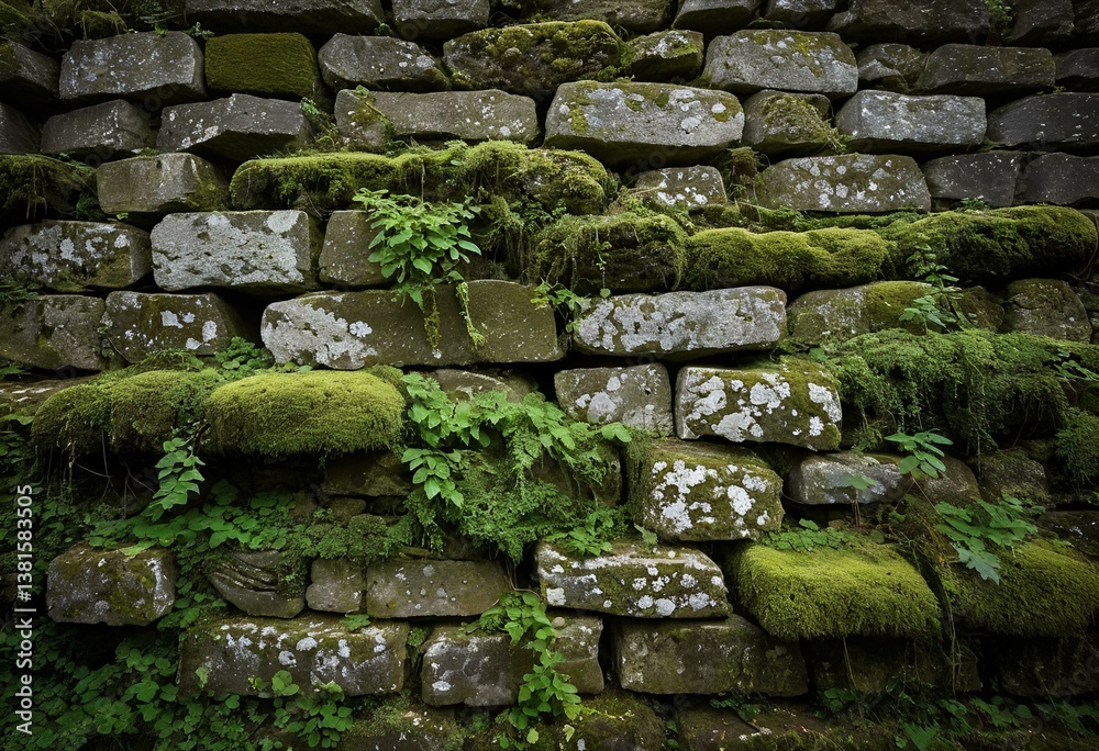 A stone wall covered in moss and ivy. A stone wall covered in moss and ivy.