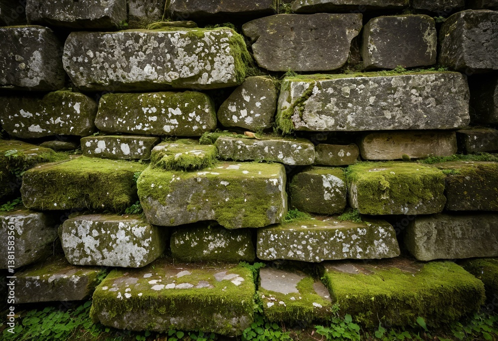 Naklejka premium A stone wall covered in green moss.