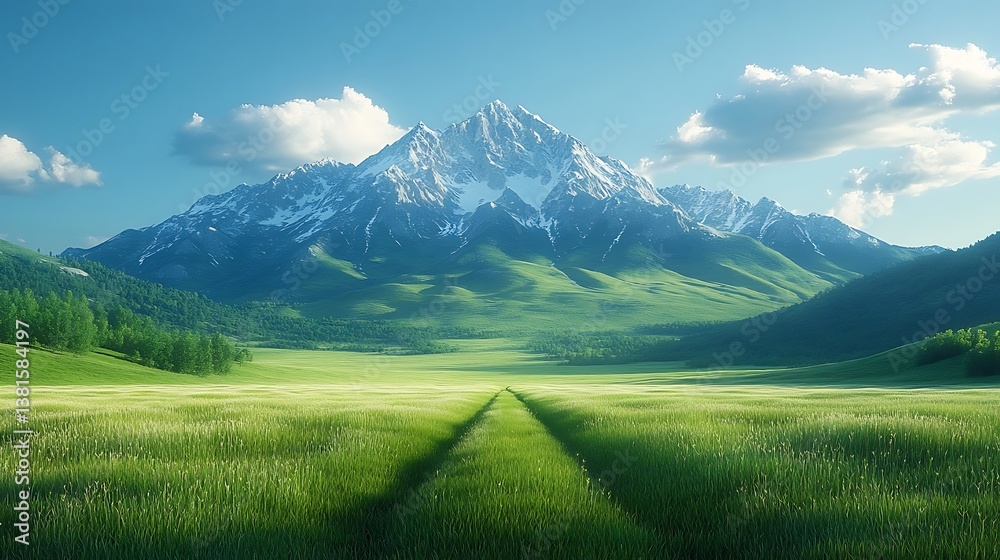 Fototapeta premium Sunny mountain day with lush valleys and peaks high resolution hd image