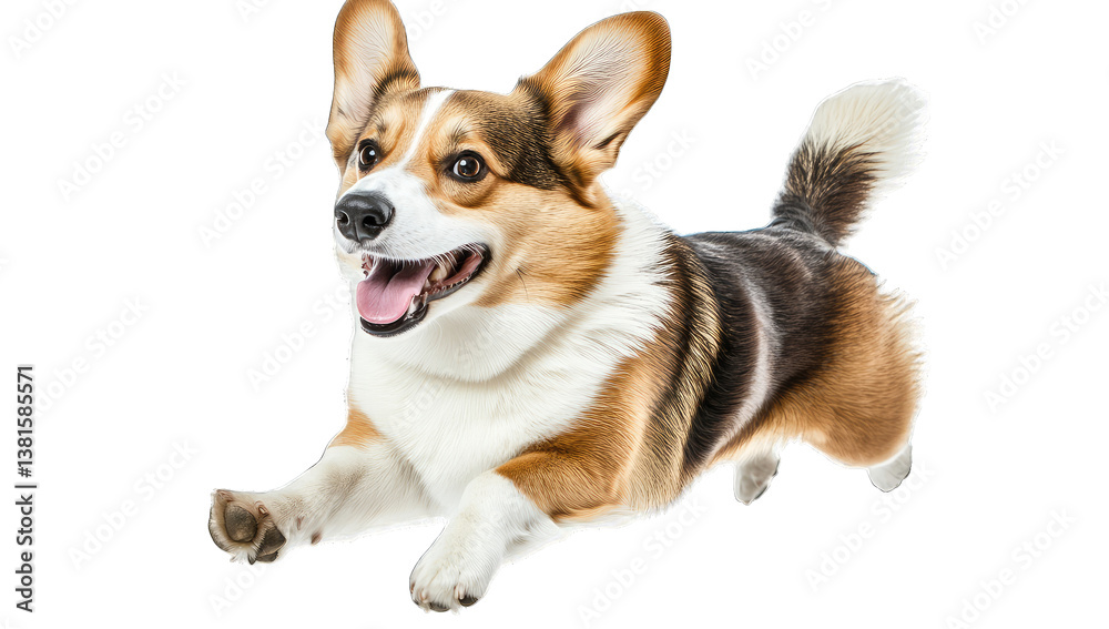 a playful corgi dog is joyfully leaping in the air showcasing it