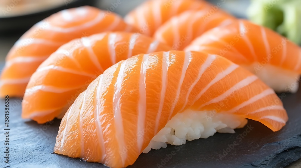 Fresh sushi consisting of raw salmon on white rice displayed Fresh sushi consisting of raw salmon on white rice displayed