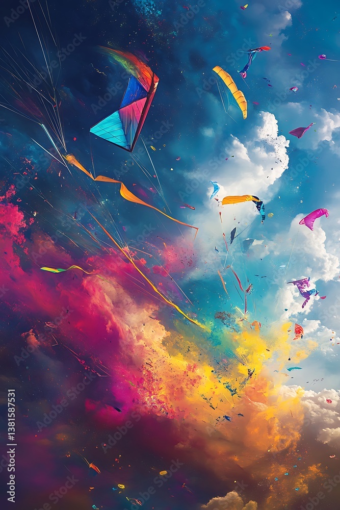 High-resolution sky images with colorful kites soaring in flight, capturing the excitement a kite festival.