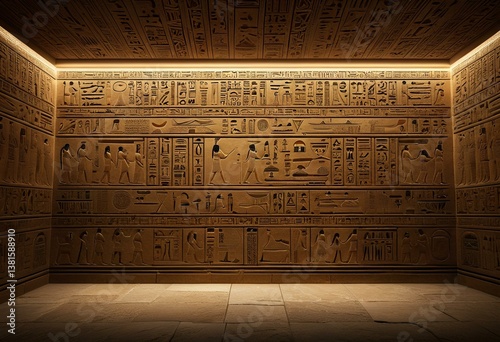 A room with a wall covered in hieroglyphics.