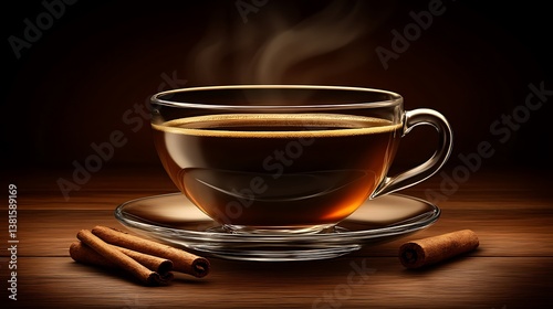 A transparent teacup filled with tea and cinnamon sticks