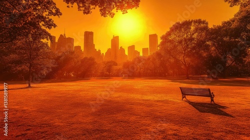 Sunrise over city park, warm tones