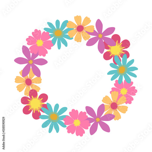 Flower wreath. Colorful cute flowers hand drawn. Flower frame for text. Round flower frame in children's style. Great for posters, cards, promotions, banners, greetings, print, birthday.