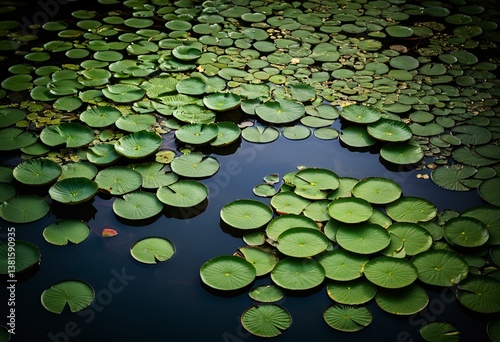 A pond filled with lots of green water lilies.