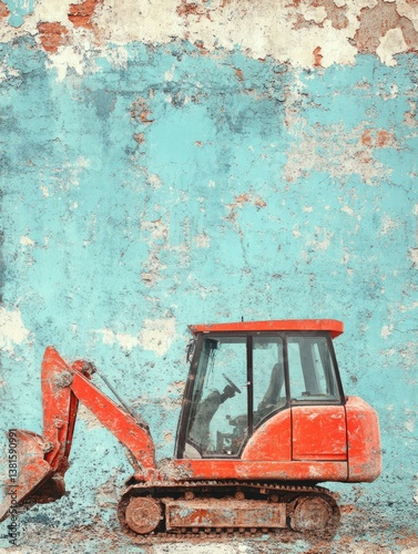 Red construction machine against a weathered, painted wall
