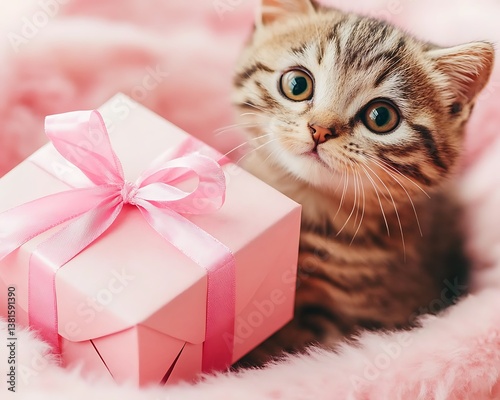 Adorable kitten with a pink present looking directly at the viewer