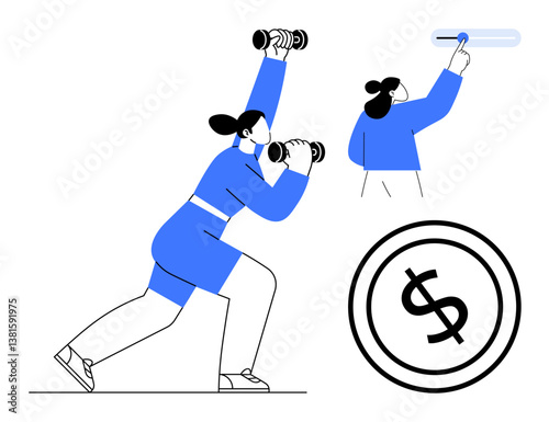 Woman lifting dumbbells, adjusting control slider, and a dollar sign circle. Ideal for health goals, lifestyle balance, financial growth, determination, wellness, productivity flat simple metaphor