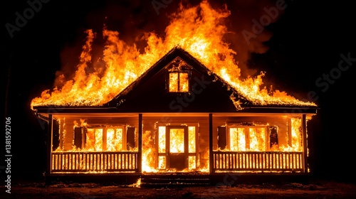 A wooden house is completely engulfed in bright orange flames