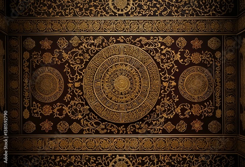 A gold and black wallpaper with a floral design.