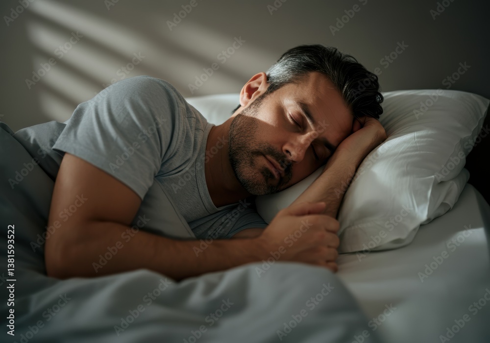 Man peacefully sleeping in bed, showcasing relaxation and tranquility Man peacefully sleeping in bed, showcasing relaxation and tranquility