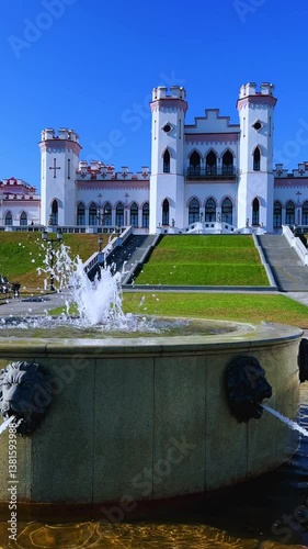 Belarus, Puslovsky Palace, September 5, 2024: Kossovsky Autumn Castle. An old historical castle in Kosovki in sunny autumn weather. An architectural monument in the style of English Neo-Gothic. 4K photo