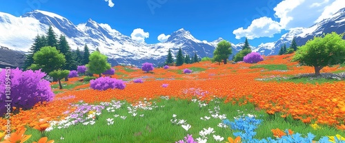 Vibrant flower field with mountains