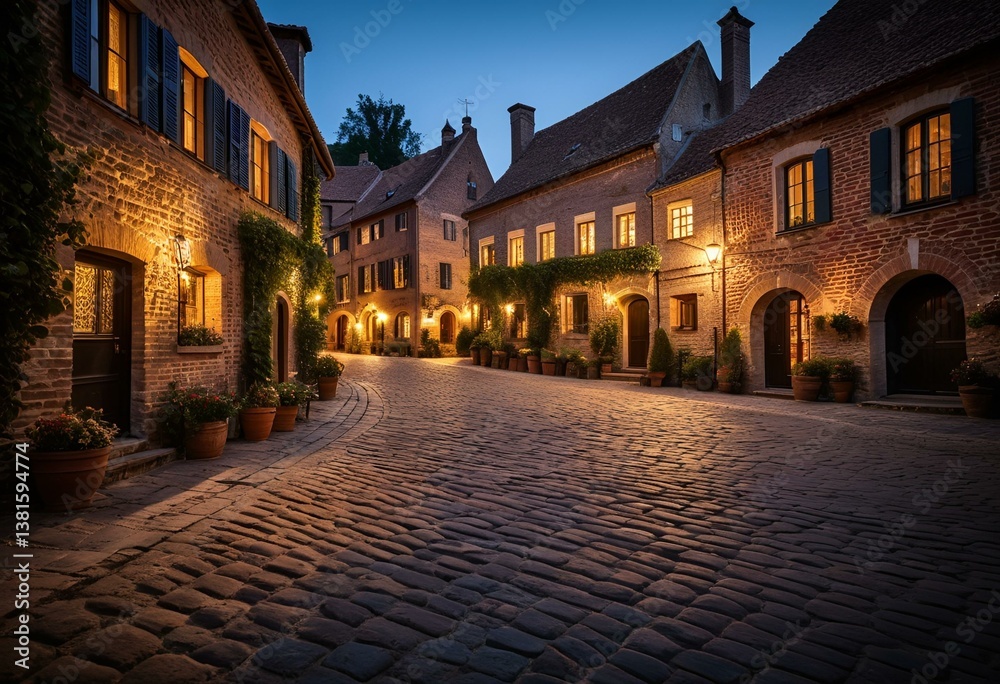 Fototapeta premium A cobblestone street in a small town at night.