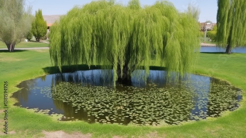 Lush weeping willow over a tranquil pond in a manicured landscape