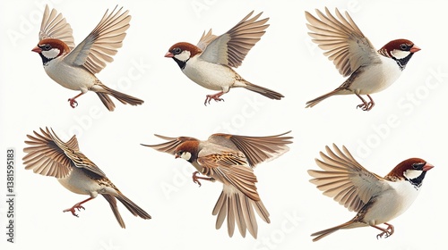 House sparrow birds in various poses, flying and perching, natural wildlife setting