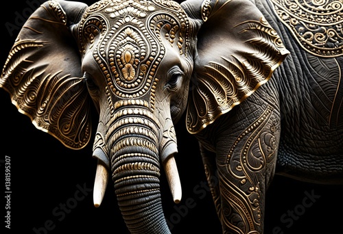 A close up of an elephant statue on a black background.