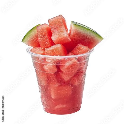 plastic cup filled with watermelon drink, realistic close-up

