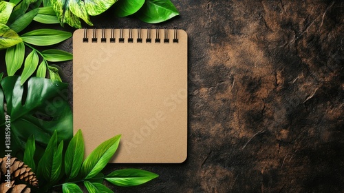 Blank notebook surrounded by lush green leaves on a dark brown stone surface