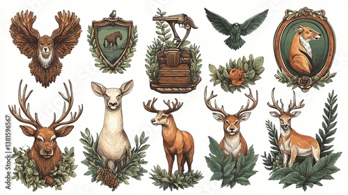 Hunting sport theme featuring animals and guns,  photo