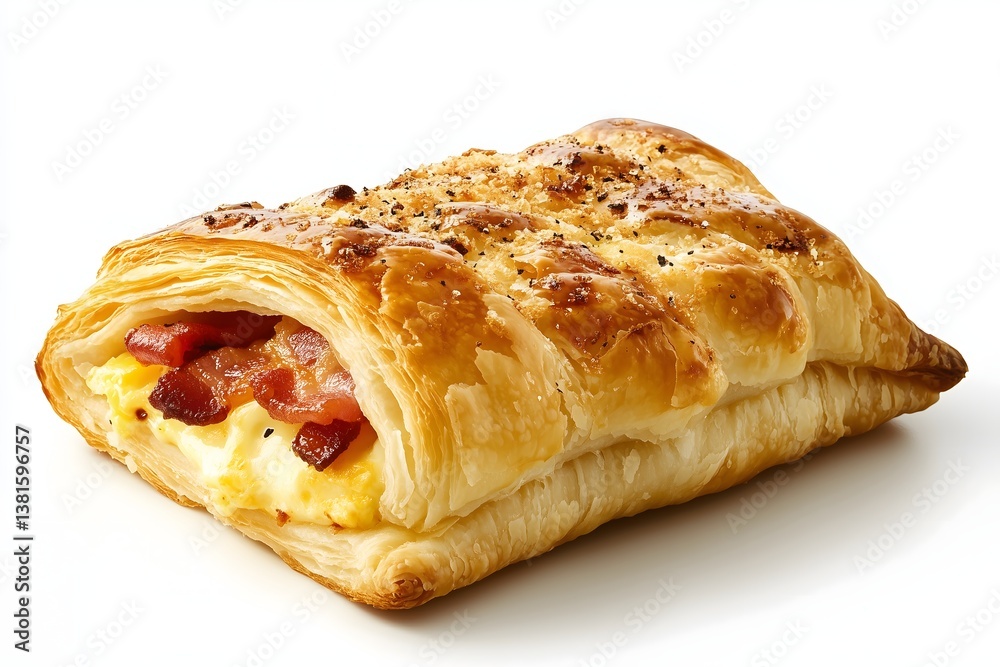 A breakfast pastry with egg and bacon on a white background A breakfast pastry with egg and bacon on a white background