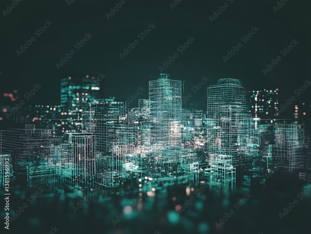 Obraz premium Futuristic Wireframe Cityscape Digital Art