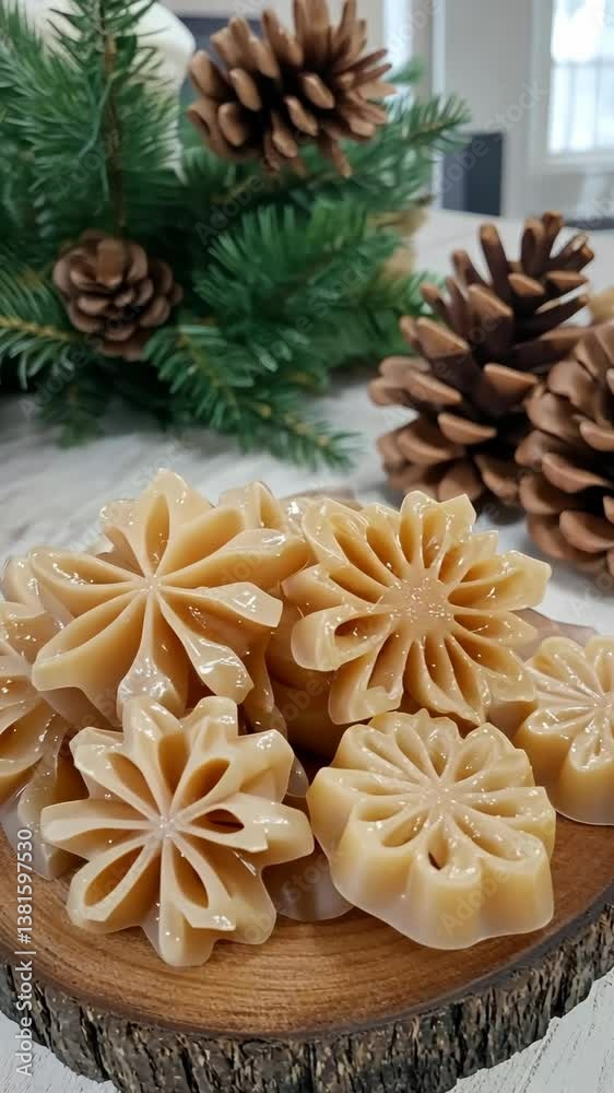 Handcrafted decorative soaps shaped like snowflakes displayed with pinecones and greenery in winter setting Handcrafted decorative soaps shaped like snowflakes displayed with pinecones and greenery in winter setting