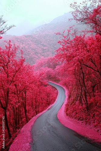 Winding road through a vibrant pink forest