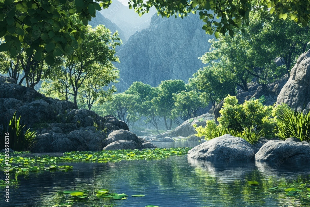Naklejka premium Calm Pond Surrounded by Lush Greenery and Mountains in Tranquil Setting