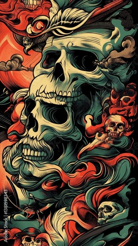 A vibrant, detailed illustration of multiple skulls entwined in a swirling pattern of smoke and fire.  Intricate design emphasizes ornate details and dramatic color contrasts