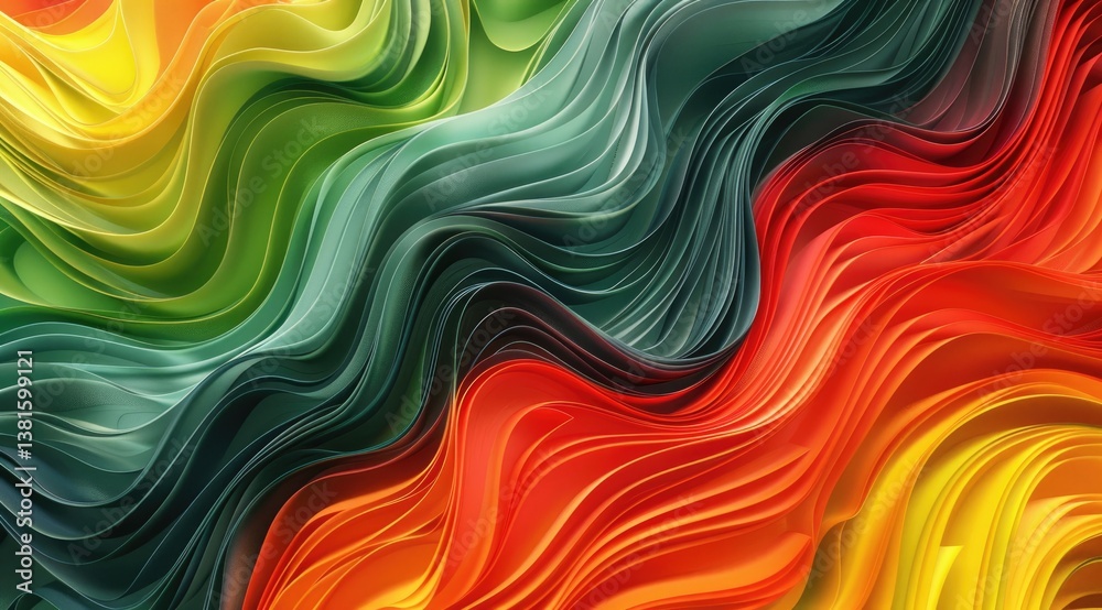 Fototapeta premium 3d render of abstract background with colorful waves in green, red and yellow colors. Wavy texture for design elements 