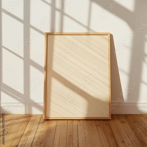realistic photography of an empty frame made of light wood leaned against a white wall with hardwood floors streaks of natural light and sunshine projected on the fram