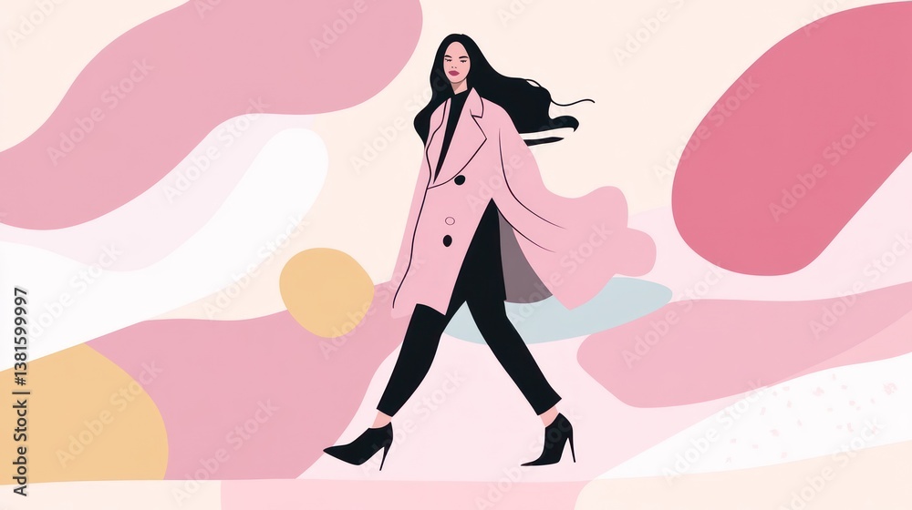 Elegant Fashion Illustration Woman in Pink Coat Walking with Abstract Background Elegant Fashion Illustration Woman in Pink Coat Walking with Abstract Background