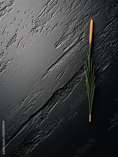 Fresh green sprig on dark wood surface