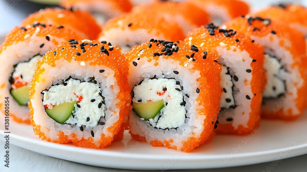 Delicious orange sushi rolls arranged on a white ceramic plate