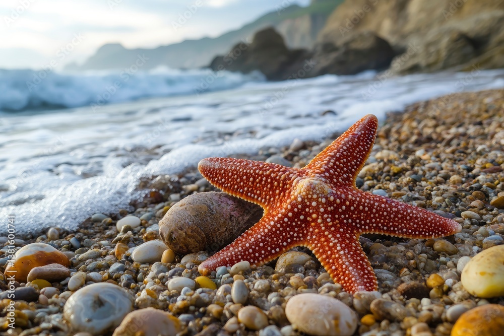 Starfish Resting on Pebble Beach with Ocean Waves and Coastal Cliffs Starfish Resting on Pebble Beach with Ocean Waves and Coastal Cliffs