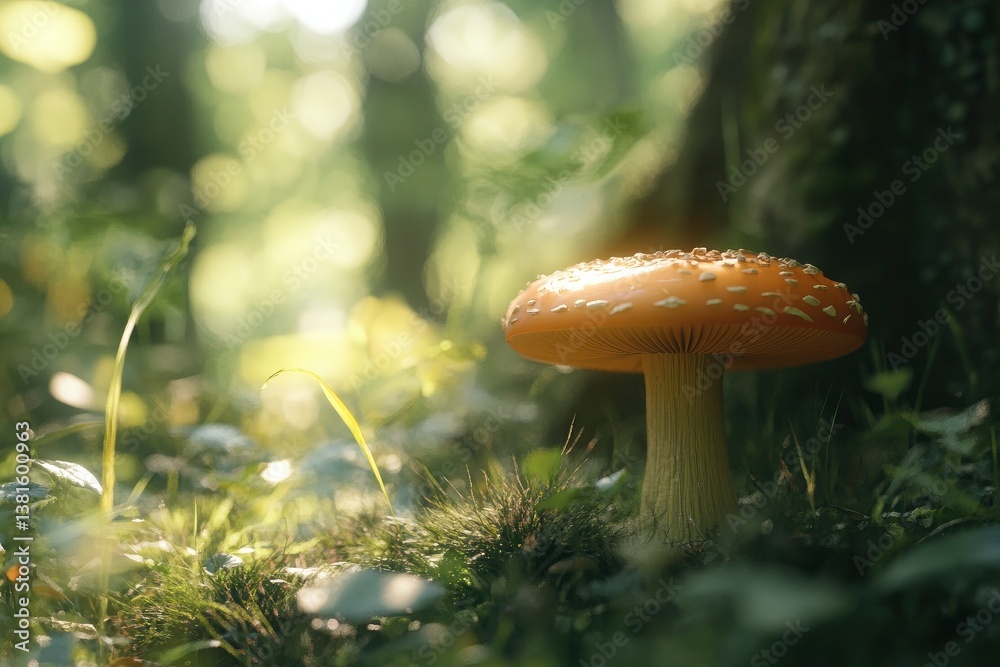 Fototapeta premium Mushroom Growing in Forest with Sunlight Filtering Through Trees Leaves
