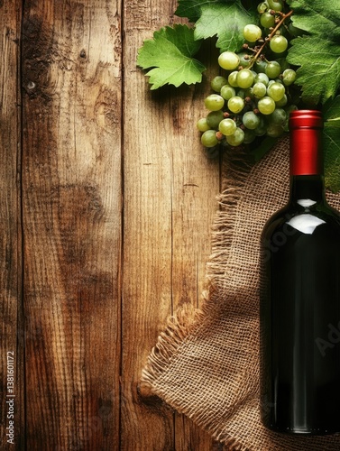 Wine bottle and grapes on rustic wooden table