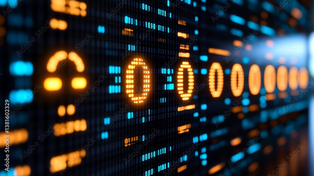 Fototapeta premium A digital screen showing glowing binary code and numbers