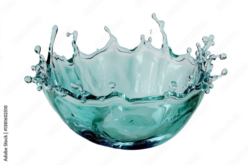 Water Droplets Splash Creating Crown Shape Against White Background Water Droplets Splash Creating Crown Shape Against White Background
