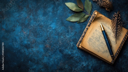 Vintage journal, pen, and nature elements on dark background