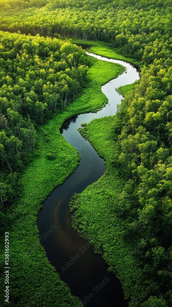Obraz premium Serpentine River Meandering through Lush Green Canopy from Above