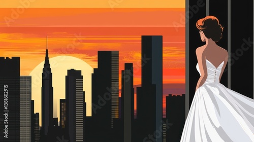 Elegant Woman in White Gown Admiring a Vibrant Sunset Over a Cityscape Silhouette